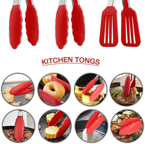 9 Inch Small Kitchen Tongs, Set of 3 Silicone Cooking Tongs with Stainless Steel Handle for Cooking, Serving (Red)