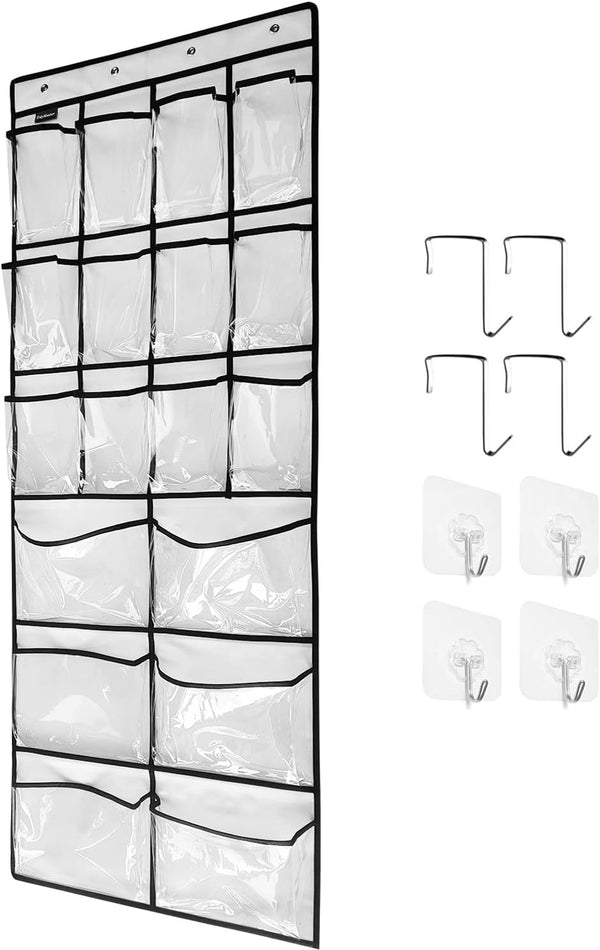 Extra Large Hanging Crystal Clear Over Door Shoe Organizer, 12+6 Pockets, 4+4 Hooks, Shoe Storage, White