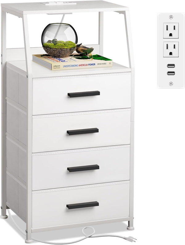 Nightstand 4 Drawer Dresser with Charging Station, Side Table with Fabric Drawers,
