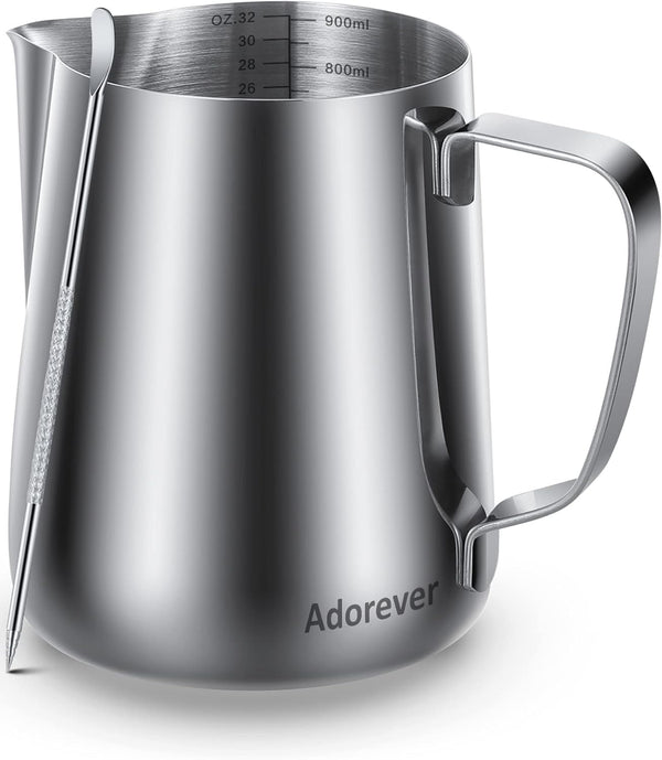 32oz Milk Frothing Pitcher, Stainless Steel Steaming Jug for Coffee Bar, Cappuccino Tools with Latte Art Pen