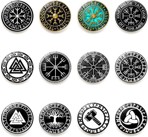 12 Pack Norse Decor Glass Fridge Magnets, Norse Pagan Symbol Runic Refrigerator Magnets, Viking Decor Accessories