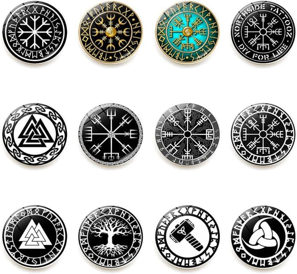 12 Pack Norse Decor Glass Fridge Magnets, Norse Pagan Symbol Runic Refrigerator Magnets, Viking Decor Accessories