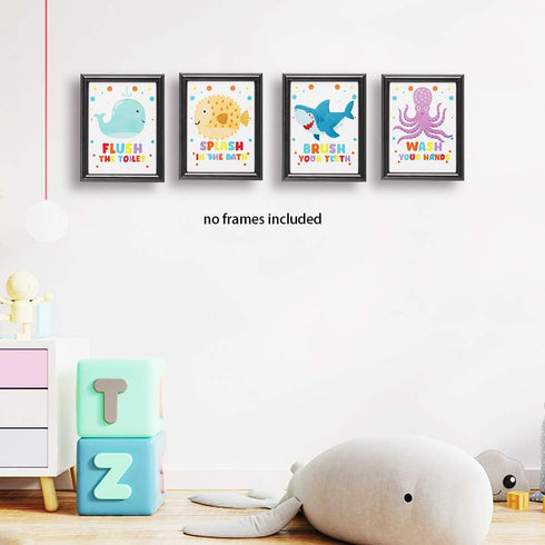 Funny Colorful Bathroom Ocean Life Quotes Art Print, Set of 4 8X10 inch Canvas Wall Art for Kids Washroom