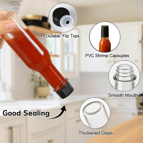 WERTIOO Hot Sauce Bottles, 12-Pack 5oz Glass Containers with Caps & Funnel for Homemade Oil, Vinegar