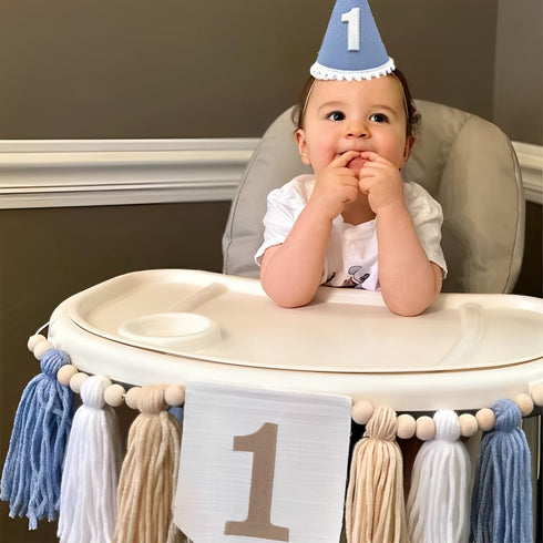 E0EHOHC 1st Birthday Decorations for Baby Boy Blue Handmade High Chair Banner with Cone Hat for Boy First Birthday Wall