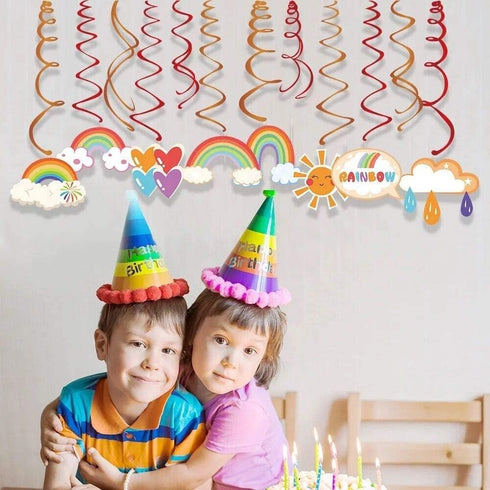 15Ct Rainbow Hanging Swirl Decorations, Sunshine Birthday Party Supplies Fan Decors