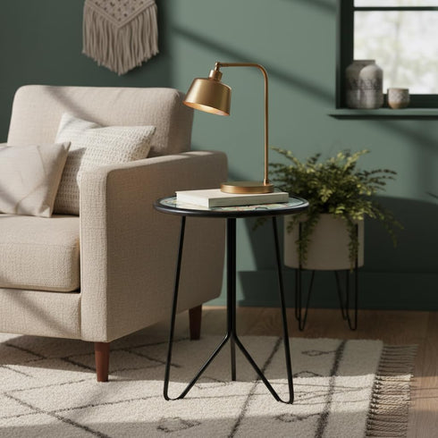 12" LIFFY Patio Side Table, Outdoor Metal Side Table with Glass Top, Indoor Round Accent End Table for Living Room