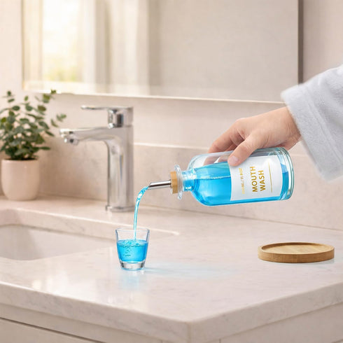 Gelury Set 350ml/11.8oz Countertop, Glass Mouthwash Dispenser with Cup & Bamboo Tray, Refillable Mouth Wash Bottle