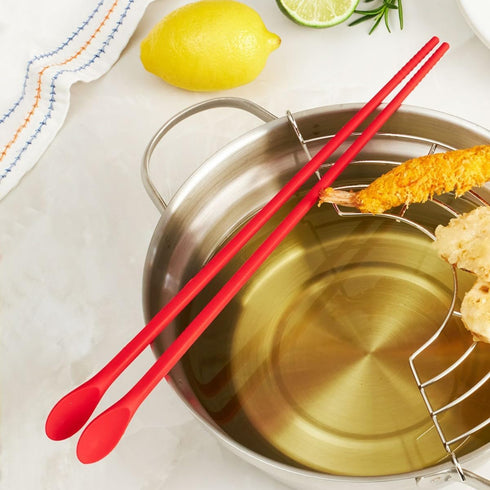 Kitchen Non-Slip Silicone Cooking Chopstick 12 in Long with Spoon and Band, Stainless Steel Reinforced, Pink