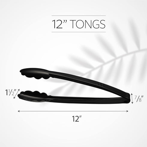 Plasticpro 12'' Serving Tongs, Heavy Duty Reusable Black Tongs for Kitchen and BBQ, Pack of 12 for Parties, Catering,