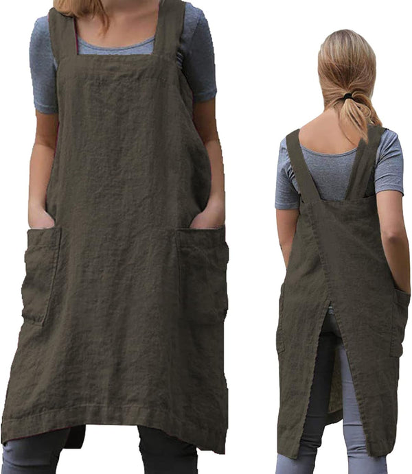 ZQFFB Pinafore Cross Back Apron for Women with Pockets - Japanese Smock for Work, Gardening, Cooking