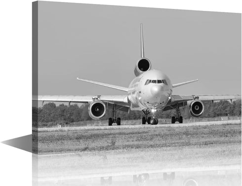 Black and White Room Wall Art - Aircraft Painting Airplane on The Runway, 12"Wx18"H Framed Canvas Prints