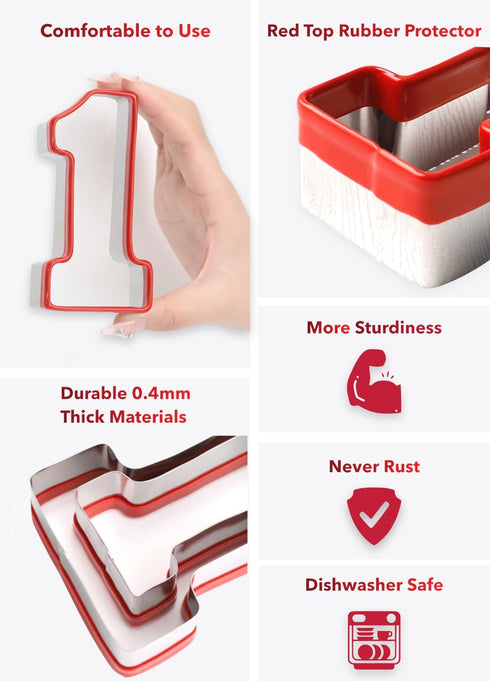 3Pcs Number One Cookie Cutters 5", 4", 3", Heavy Duty Food-Grade Stainless Steel Cookie Cutter Set, Coated with Soft PVC