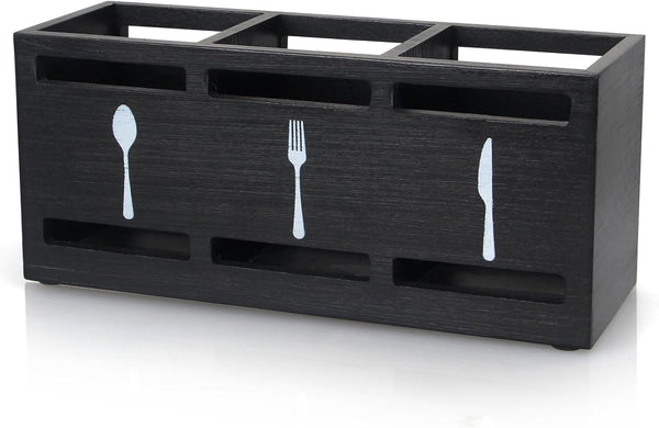 Ayiaren Wooden Silverware Caddies, Flatware Cutlery Holder for Kitchen Utensils, Black Countertop Organizer
