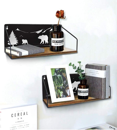 Set 2 Giftgarden Floating Shelves for Wall with Unique Adorable Bears Cutouts, Rustic Wooden Iron Wall Shelf Bear Decor