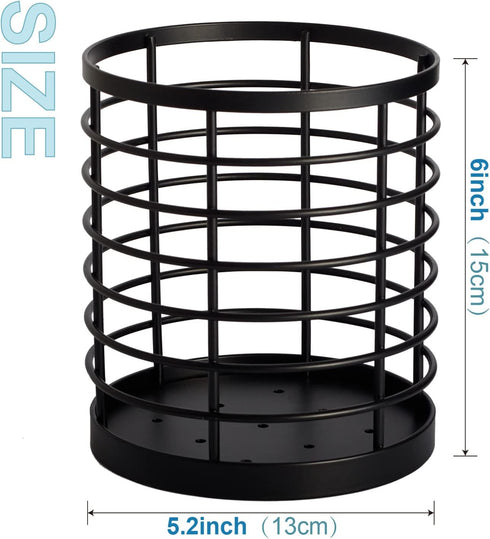 Large Round Utensil Holder for Kitchen Counter, 5.2" x 5.2" x 6" with Wooden Base, Matte Black Cooking Organizer.