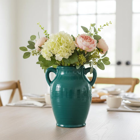 8 Inch 2 Sunddo Modern Ceramic Vase for Decor - Green Decorative Vase with Handles, Pampas Grass Vases