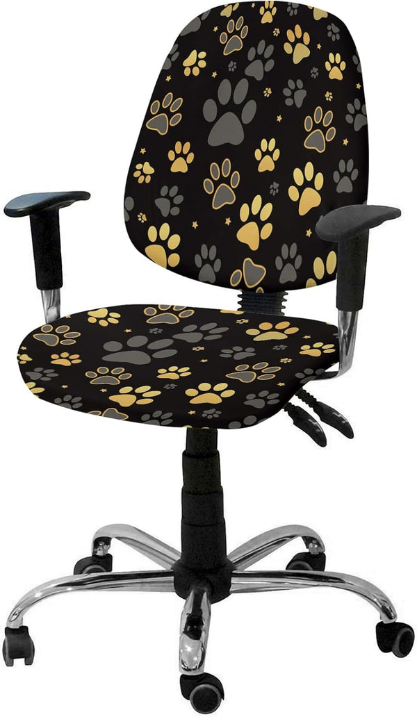 Computer Office Chair Cover, Yellow Paw Print on Black Background, Protective & Stretchable Desk Chair Slipcover