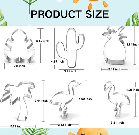 Hawaiian Cookie Cutter Set - 6 Piece: Cactus, Pineapple, Flamingo, Monstera Leaf, Palm Tree for Summer Parties
