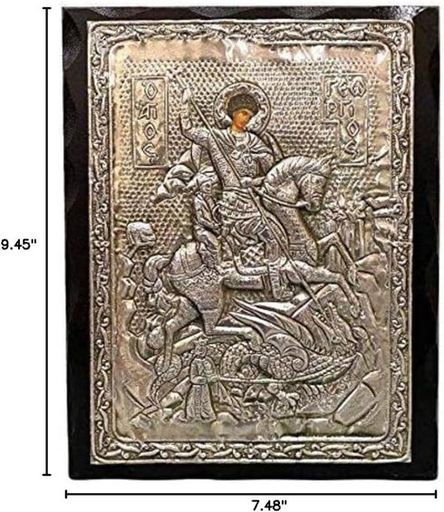 Handmade Greek Christian Orthodox Wood-Metallic Icon of Saint George - 24 X 19cm Solid Wood