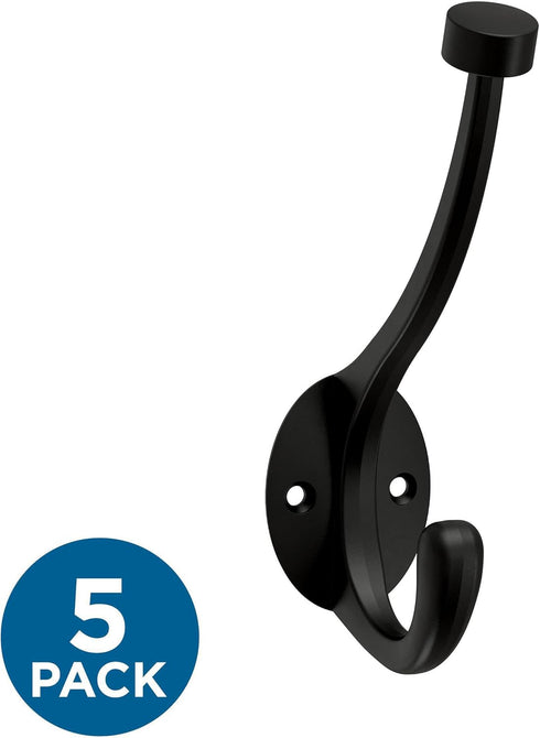 Franklin Brass Pilltop Coat and Hat Wall Hooks (5-Pack) - Double Hooks for Hanging, Matte Black Decorative Hanger