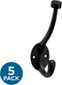 Franklin Brass Pilltop Coat and Hat Wall Hooks (5-Pack) - Double Hooks for Hanging, Matte Black Decorative Hanger