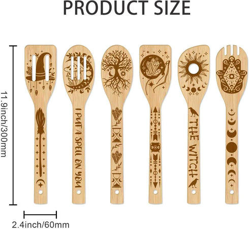 GLOBLELAND 6Pcs Magic Divination Bamboo Cooking Utensils Set, Engraved Wooden Spoons for Kitchen Gift
