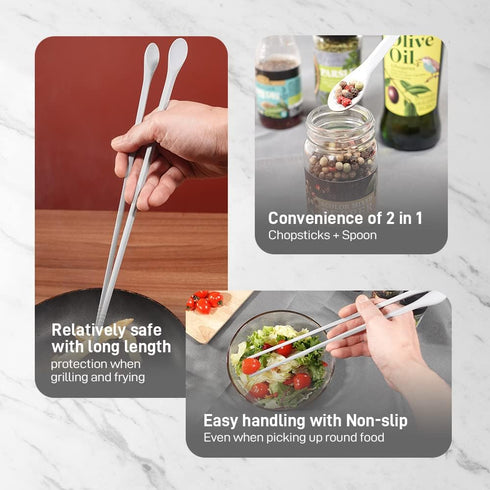 Reusable Long Silicone Cooking Chopsticks with Spoon, 12 Inches, Dishwasher Safe, BPA-free, Pastel Color