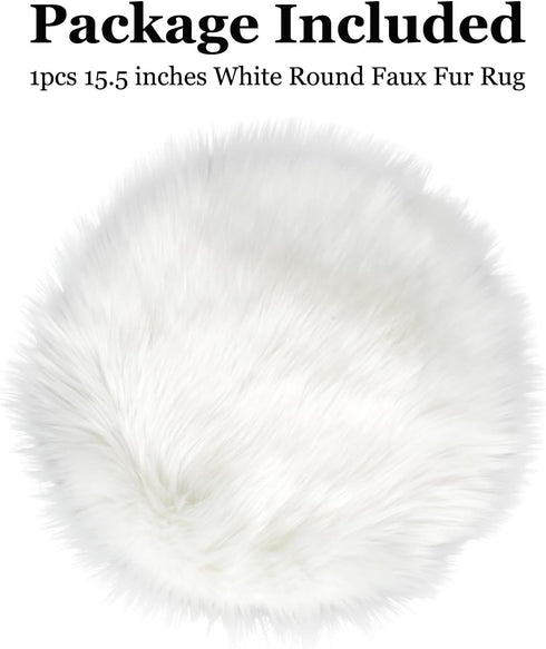 IVON 15.5'' White Round Faux Fur Rug, Fluffy Soft Cushion for Chair, Background for Nail Desk Photos (1pcs White)
