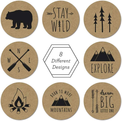 Rustic Mountain Baby Shower Stickers / 500 Gender Neutral 1.5" Adventure Birthday Party Labels / Made in The USA
