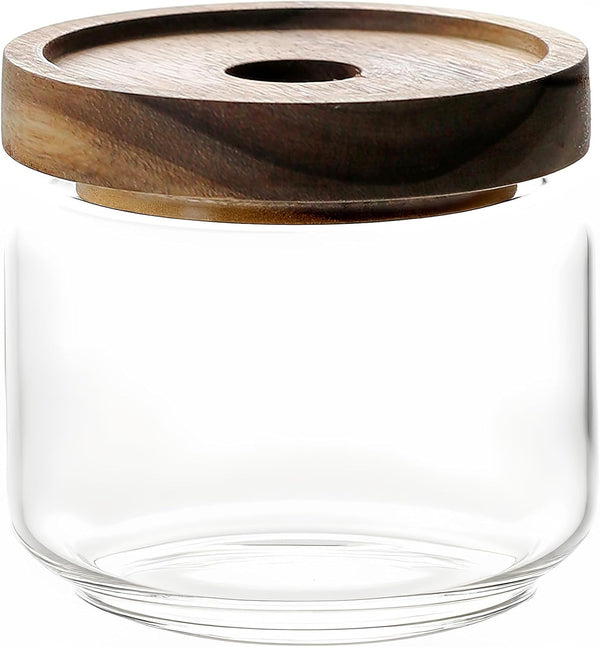 300ML Clear Glass Storage Canister Holder with Airtight Wood Lid, Modern Decorative Small Jar for Coffee, Spice
