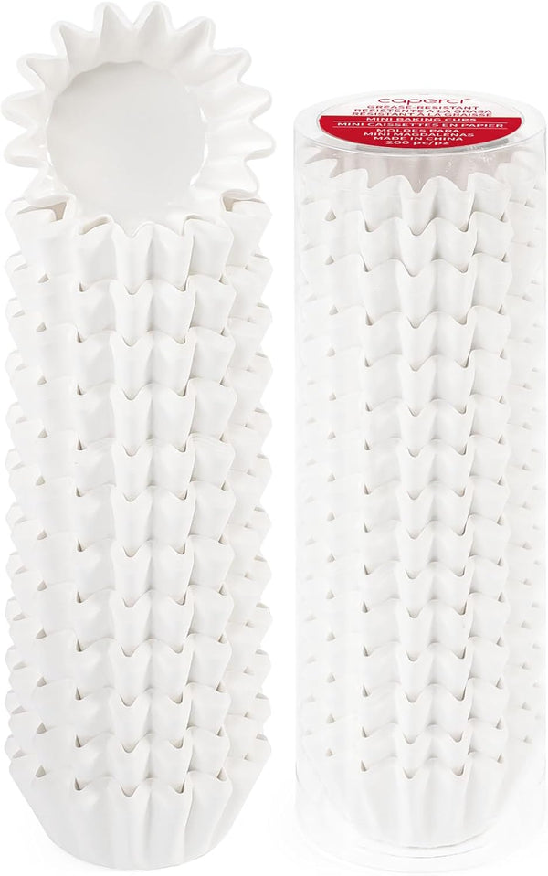 Caperci Heavy Duty White Mini Cupcake Liners, 200 Counts, Grease-Resistant Muffin Baking Cups, No Muffin Pan Needed