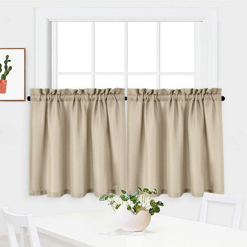 Tier Curtains, Waffle Woven Textured Short Curtains for Bathroom, Waterproof Window Covering, 30" x 36", Plaza Taupe,