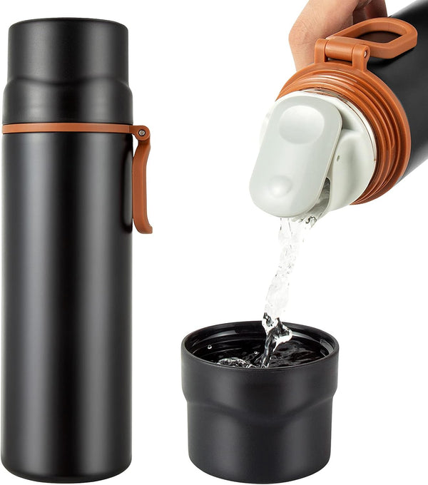Insulated 15oz Black Water Bottle - Stainless Steel Vacuum Coffee Cup with Handle, Double Walled Sport Travel Mug