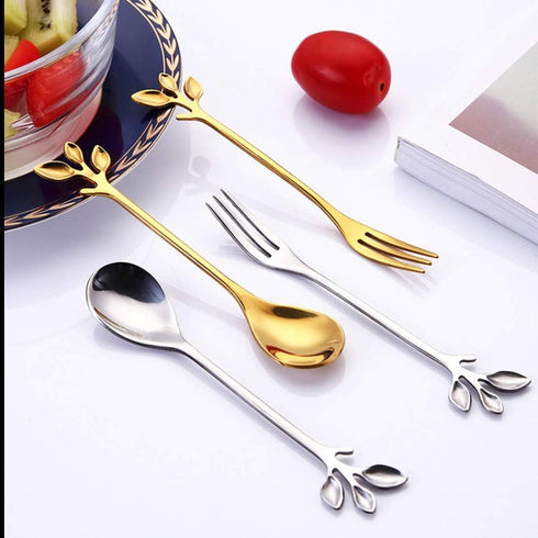 AnSaw 10-Pc Mini Spoons & Forks Set, 4.7" Stainless Steel, Leaf Handle for Coffee, Tea, Appetizers, Parties