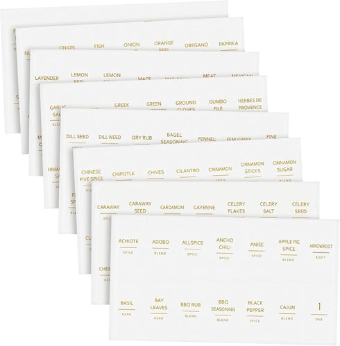 Talented Kitchen 140 Pack of Minimalist Spice Jar Labels, Preprinted Water Resistant Stickers (Gold Text)