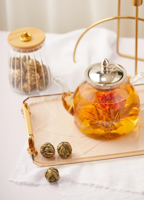 6 1000ml 33.8oz TETWIN Glass Teapot Including Blooming Flower Tea Balls, Stovetop Safe Tea Pot with Removable Infuser