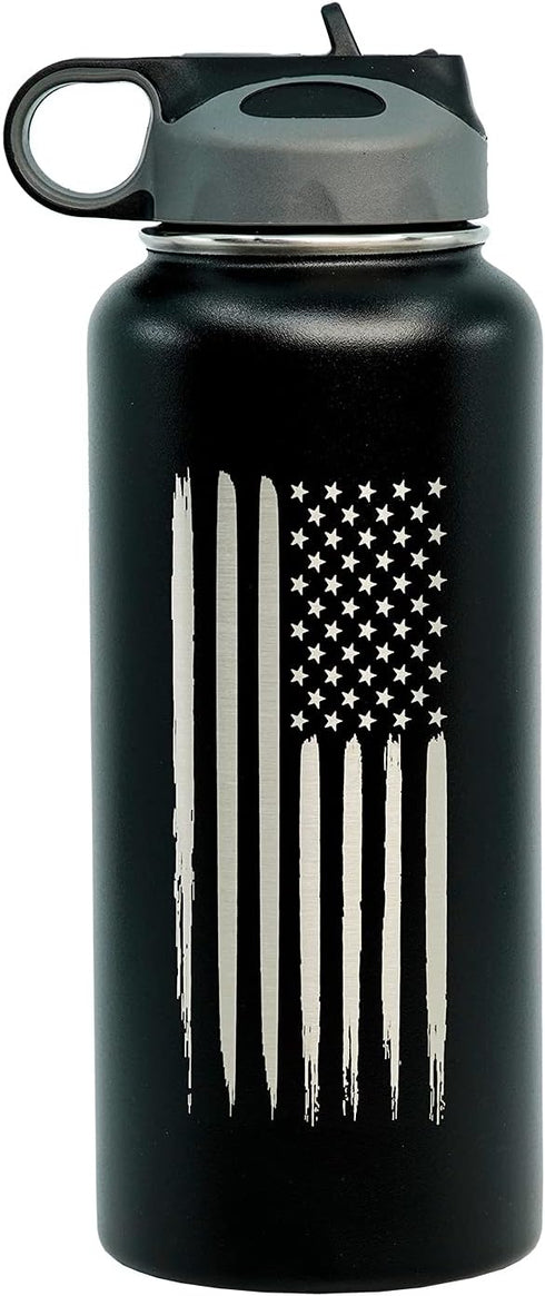 32oz American Flag Stainless Steel Insulated Water Bottle - Engraved USA Flag Gift Set | Flag 32 oz Water Bottle