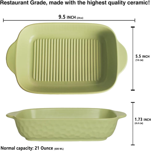 Rectangular Porcelain Baking Dish Set,Au Gratin Dishes,Casserole Dish, Ramekins 21 oz Bakeware Set of 2,Lasagna Pans for Cooking,Cake Dinner,Kitchen, Carry Handles 9.5" x 5.5" (Green