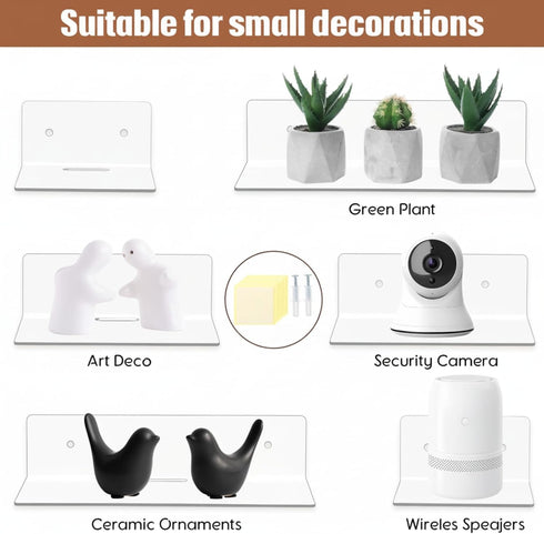 6 Pack 4'' 6'' 9'' Pinkunn Clear Acrylic Floating Shelves for Wall Small Floating Shelf No Drilling with Adhesive