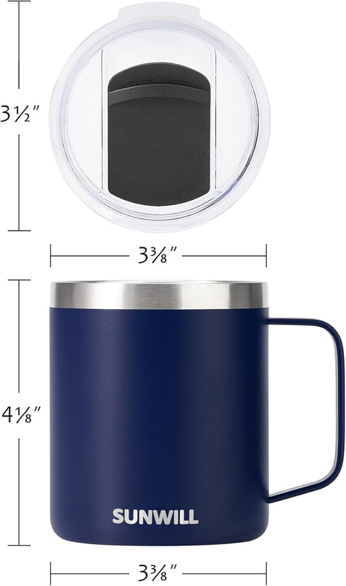 SUNWILL Insulated Coffee Mug with Lid, 14oz Travel Tumbler with Handle, Stainless Steel Cup for Camping, Navy Blue