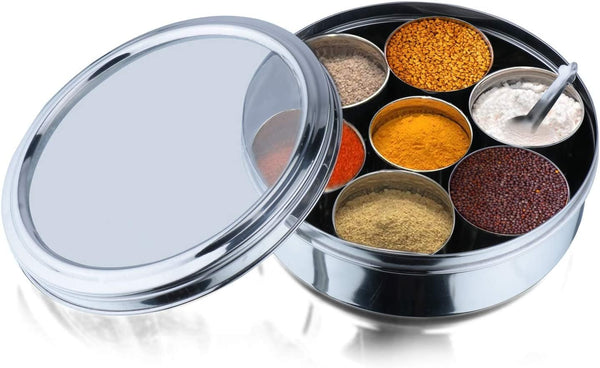 Vinod Stainless Steel Masala Dabba, Spice box, 7 Compartments with Lid, 8