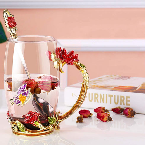Kaiyuan Dynasty Tea Cup Set - 12oz Glass Coffee Mugs with Enamel Rose Flower Butterfly and Spoon for Birthday Wedding