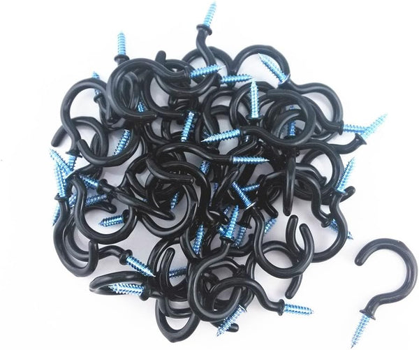Yueton 50pcs Vinyl Coated Screw-in Ceiling Hooks | Cup Hooks (Black)