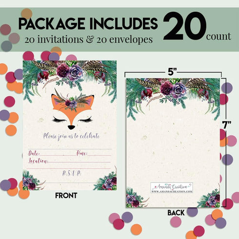 Woodland Forest Fox Face Floral Birthday Party Invitations - 20 Fill In Cards with White Envelopes by AmandaCreation