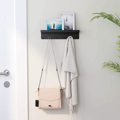 MKO Key Holder Wall Mount, Adhesive Key Holder with Mail Organizer Tray and 6 Hooks for Wall, Black