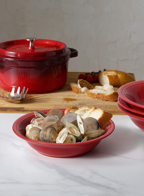 26 Set 9 Inch, Set 4, LE TAUCI Ounce Beaded Pasta Bowls, Ceramic Bowl for Cereal, Salad, of Red