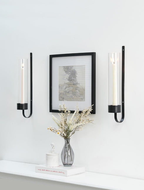 Set 2 Sziqiqi Black Wall Candle Holders: Metal Candle Sconces for Taper of Modern Wall Mounted Candlestick Holder