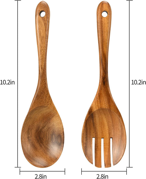 Wood Salad Tongs, 10.2in Salad Spoon and Fork Set, Long Handle Salad Servers for Mixing, Tossing, and Cooking