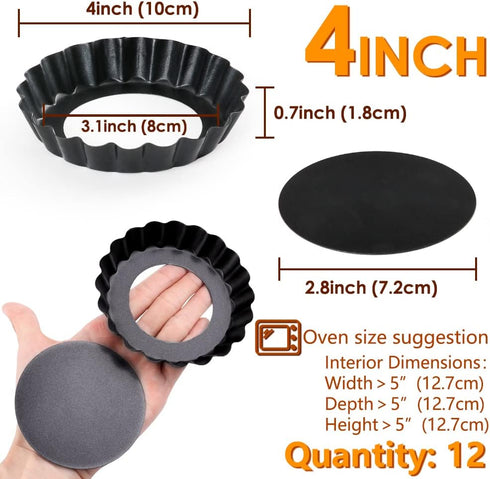 Mini Tart Pan Set of 12, Non-Stick 4 Inch Quiche Pan, Removable Bottom Tart Pan for Pies, Quiche Bakeware, Cheese Cakes, Desserts and more by Cyimi